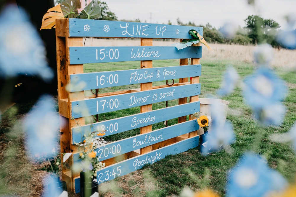 Painted Wooden Pallet Sign Order of the Day Church Farm Wedding Andrew Brannan Photography