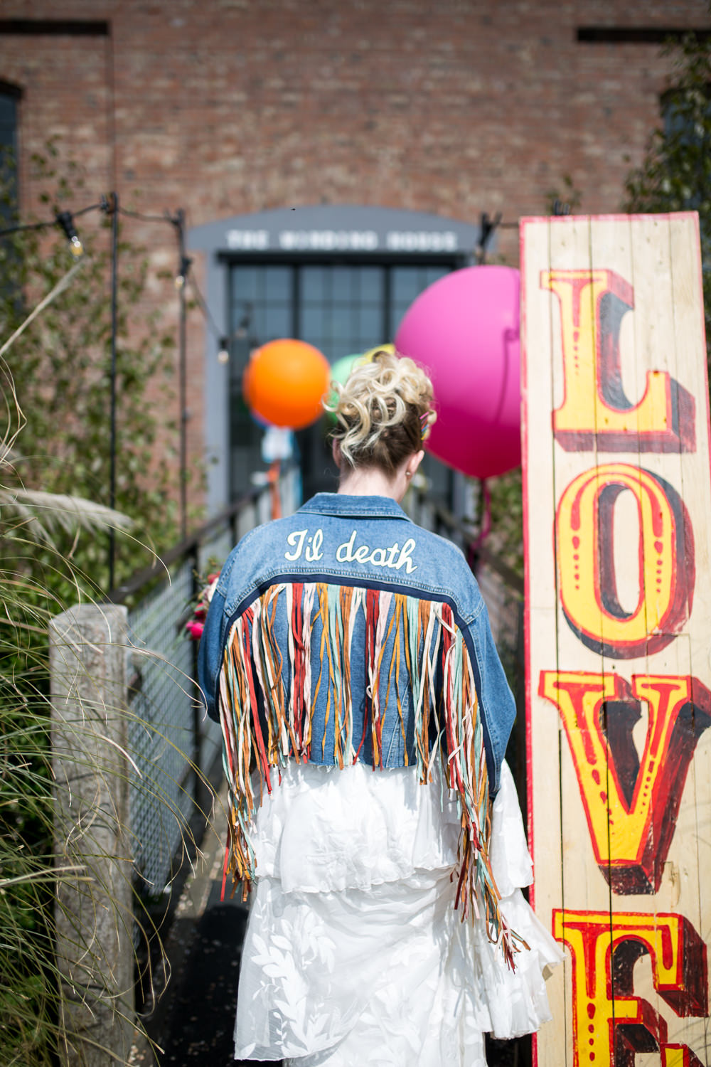 Denim Jacket Personalised Bride Bridal Tassel Fringed Colourful Balloons Wedding Ideas Florence Berry Photography