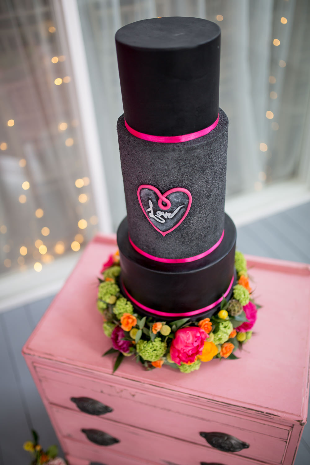 Cake Black Pink Chalk Flowers Vintage Dresser Drawers Colourful Balloons Wedding Ideas Florence Berry Photography