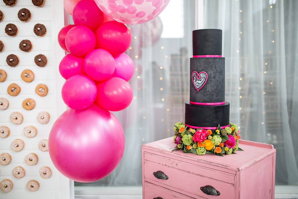 Cake Black Pink Chalk Flowers Vintage Dresser Drawers Colourful Balloons Wedding Ideas Florence Berry Photography