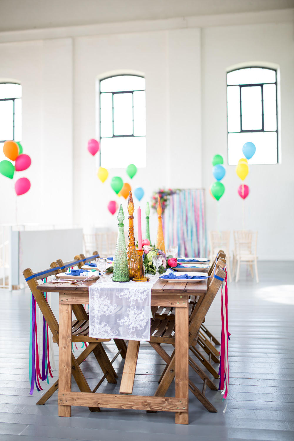 Tablescape Table Decor Decoration Ribbon Chairs Flowers Colourful Balloons Wedding Ideas Florence Berry Photography