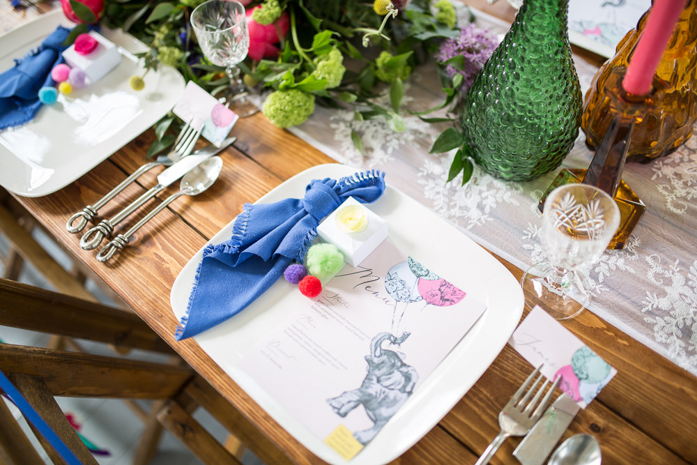 Plate Place Setting Pom Pom Napkin Colourful Balloons Wedding Ideas Florence Berry Photography