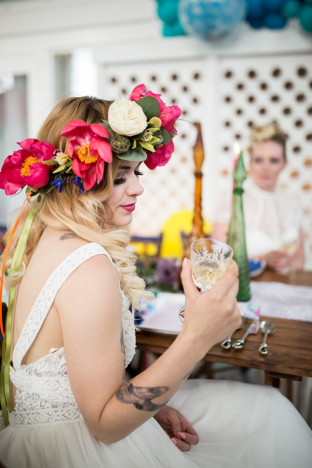 Bride Bridal Flower Crown Pink Peony Colourful Balloons Wedding Ideas Florence Berry Photography