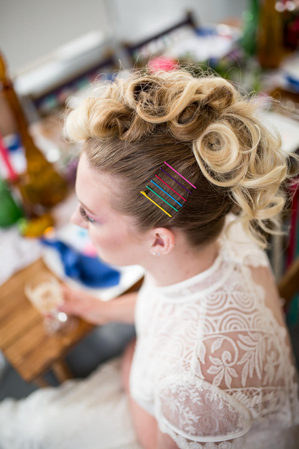 Hair Style Up Do Mohawk Bride Bridal Hair Pins Colourful Balloons Wedding Ideas Florence Berry Photography