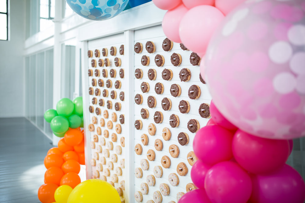 Donut Doughnut Wall Stand Colourful Balloons Wedding Ideas Florence Berry Photography