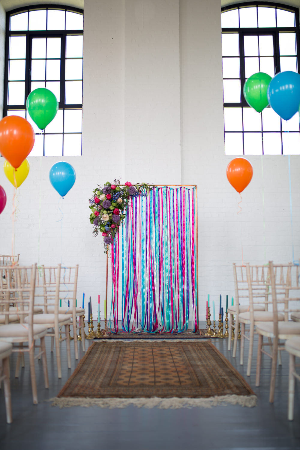 Ribbon Backdrop Arch Ceremony Aisle Flowers Colourful Balloons Wedding Ideas Florence Berry Photography