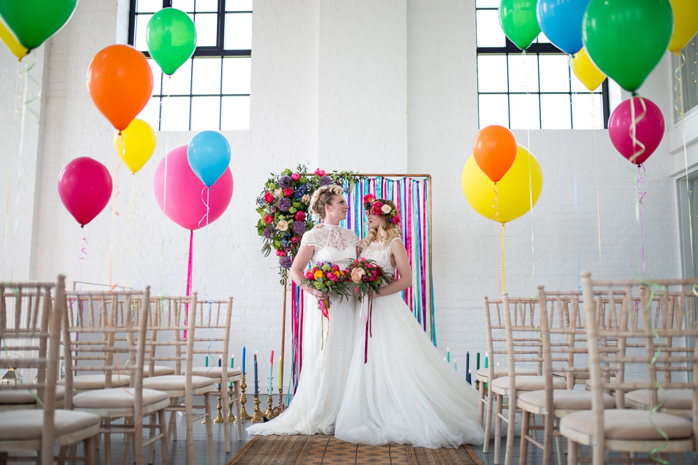 Ribbon Backdrop Arch Ceremony Aisle Flowers Colourful Balloons Wedding Ideas Florence Berry Photography