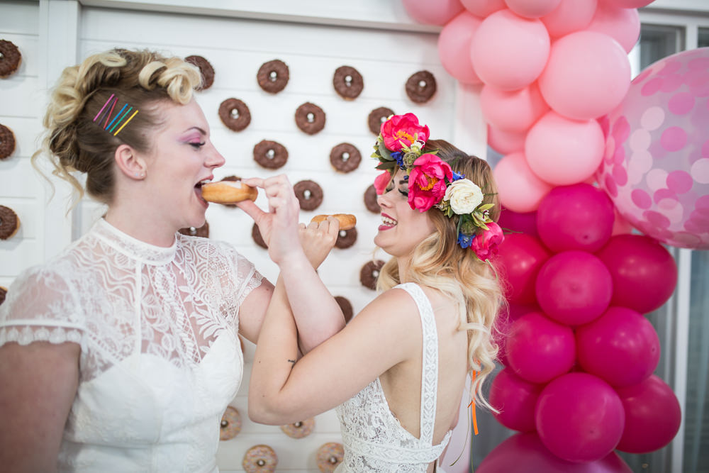Donut Doughnut Stand Wall Colourful Balloons Wedding Ideas Florence Berry Photography