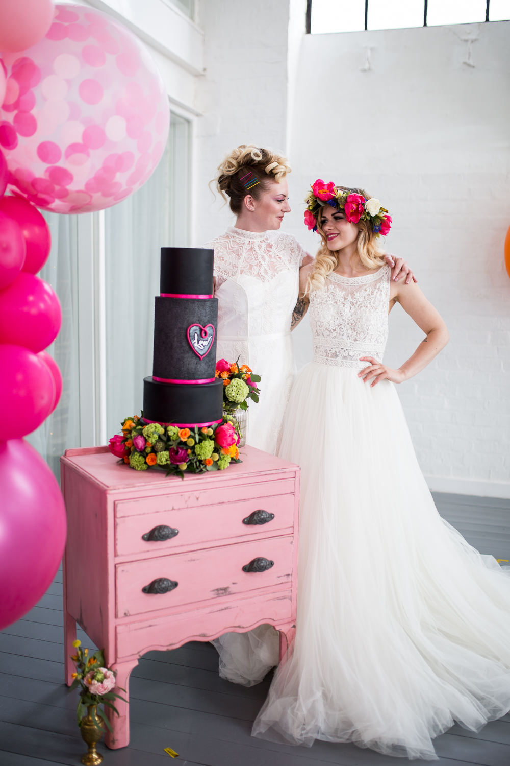 Cake Black Pink Chalk Flowers Vintage Dresser Drawers Colourful Balloons Wedding Ideas Florence Berry Photography
