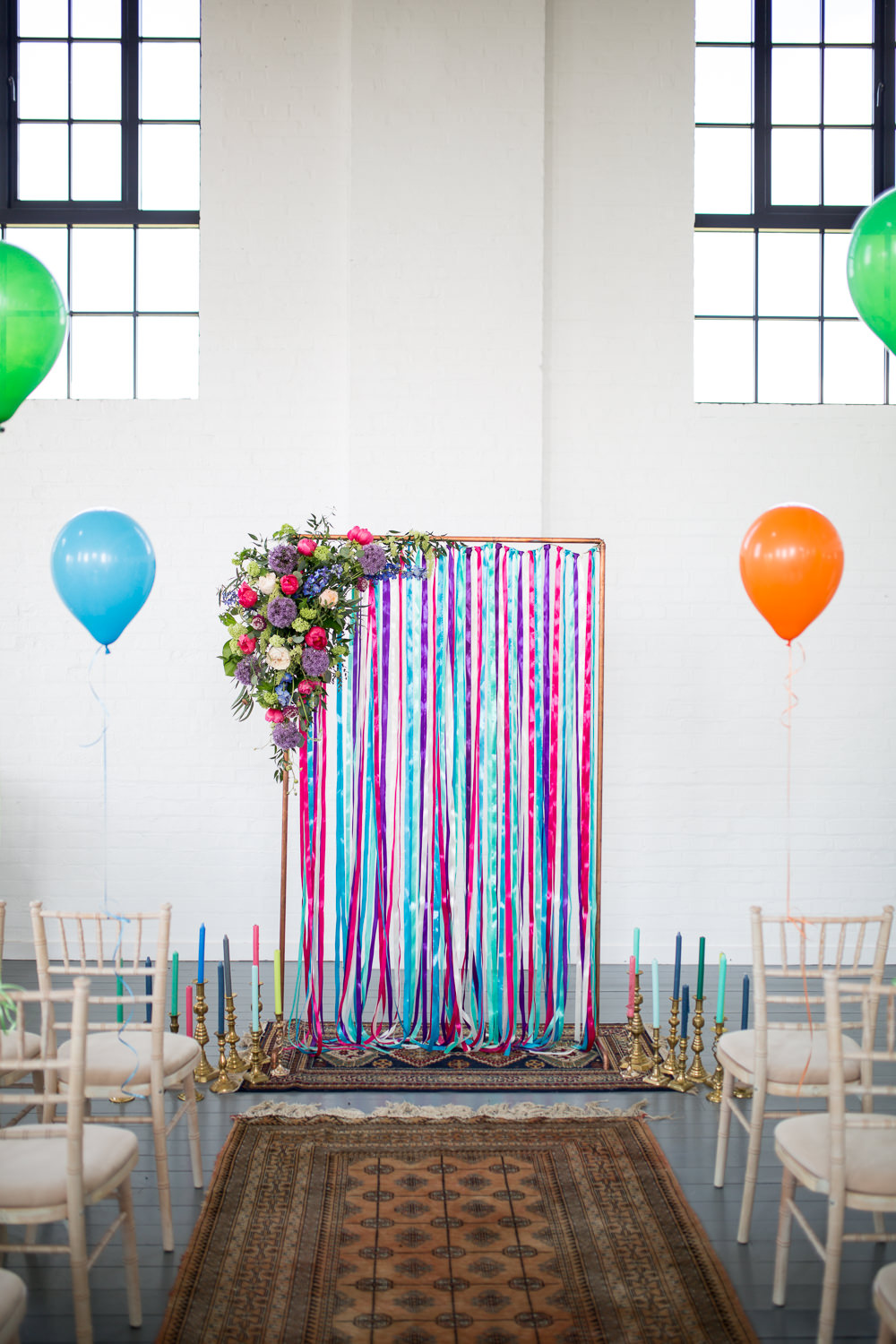 Ribbon Backdrop Arch Ceremony Aisle Flowers Colourful Balloons Wedding Ideas Florence Berry Photography