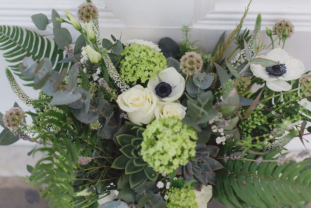 Bouquet Flowers Bride Bridal Greenery Foliage Succulent Rose Anemone East Quay Whitstable Wedding Rebecca Douglas Photography
