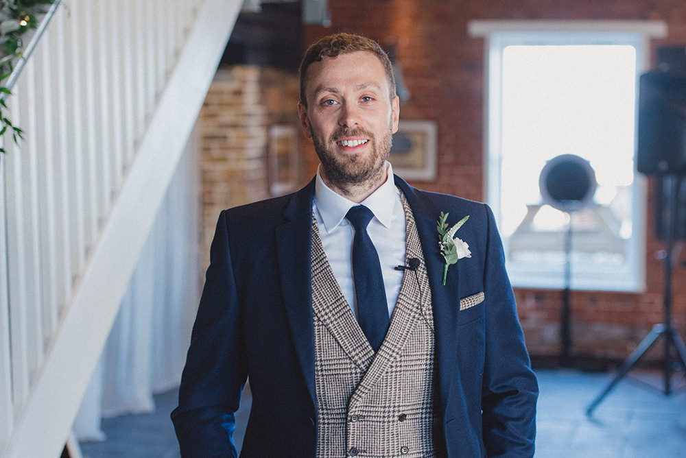 Groom Suit Navy Blue Suit Tweed Waistcoat East Quay Whitstable Wedding Rebecca Douglas Photography