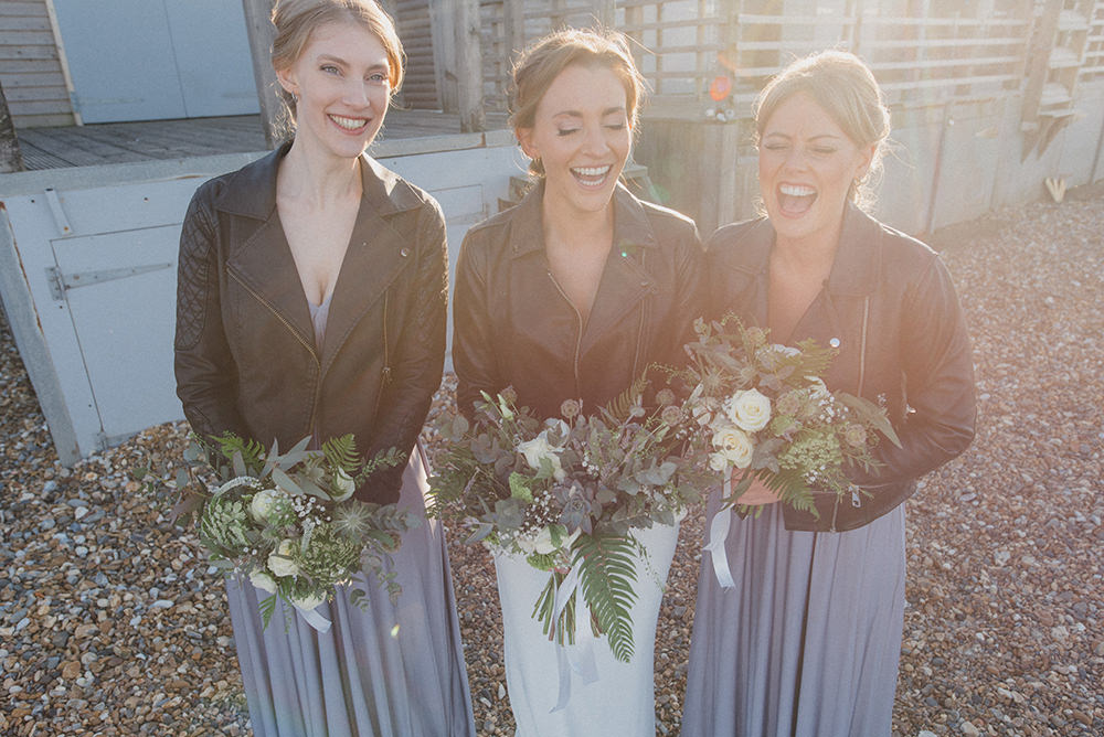 Bridesmaids Bridesmaid Dress Dresses Long Grey Leather Jackets East Quay Whitstable Wedding Rebecca Douglas Photography