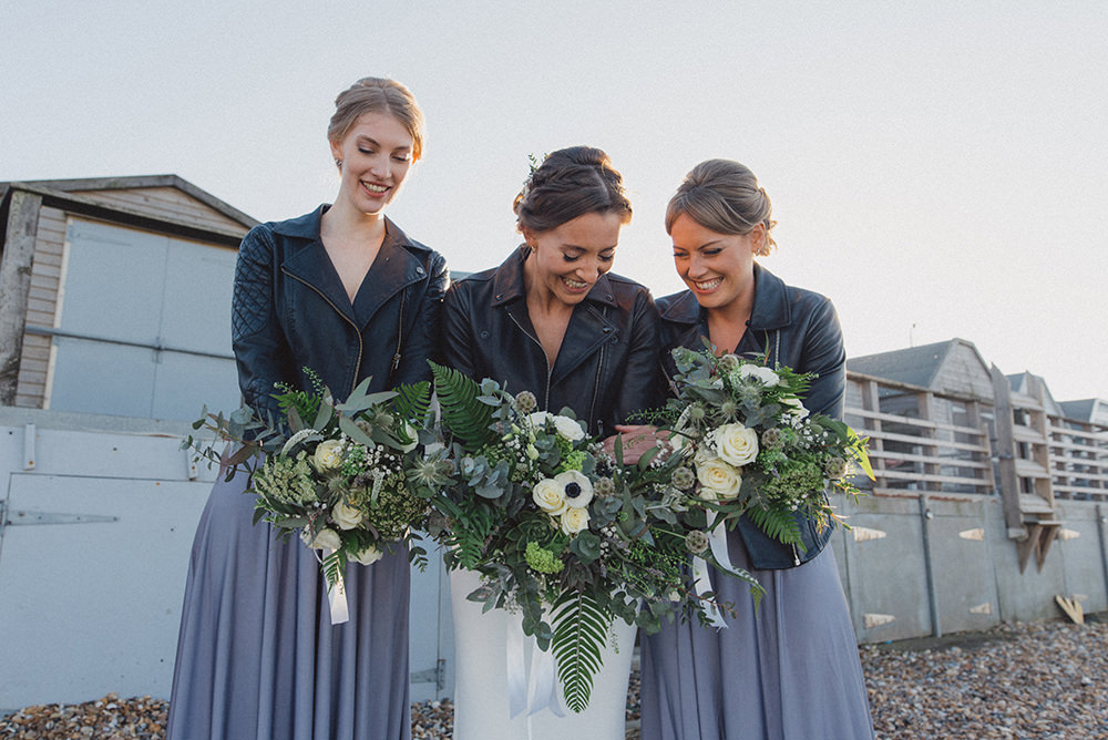 Bridesmaids Bridesmaid Dress Dresses Long Grey Leather Jackets East Quay Whitstable Wedding Rebecca Douglas Photography