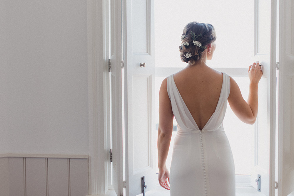 Dress Gown Bride Bridal Straps V Neck Fishtail Train East Quay Whitstable Wedding Rebecca Douglas Photography
