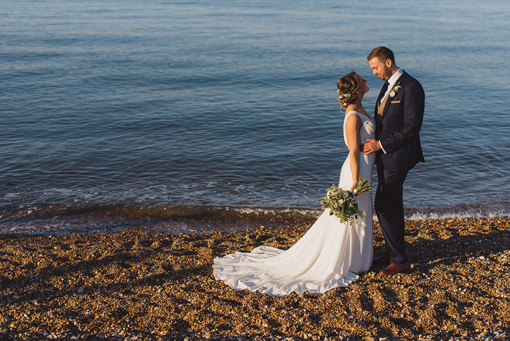 Dress Gown Bride Bridal Straps V Neck Fishtail Train East Quay Whitstable Wedding Rebecca Douglas Photography
