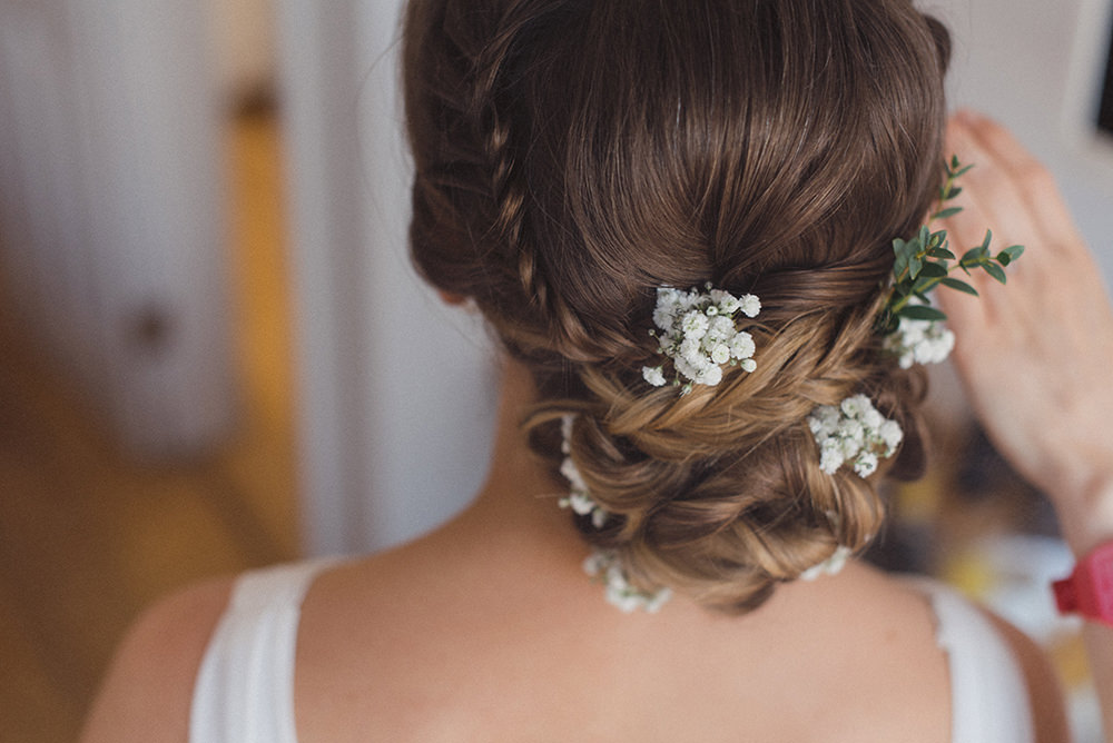 Bride Bridal Hair Style Up Do Plait Braid Flowers East Quay Whitstable Wedding Rebecca Douglas Photography