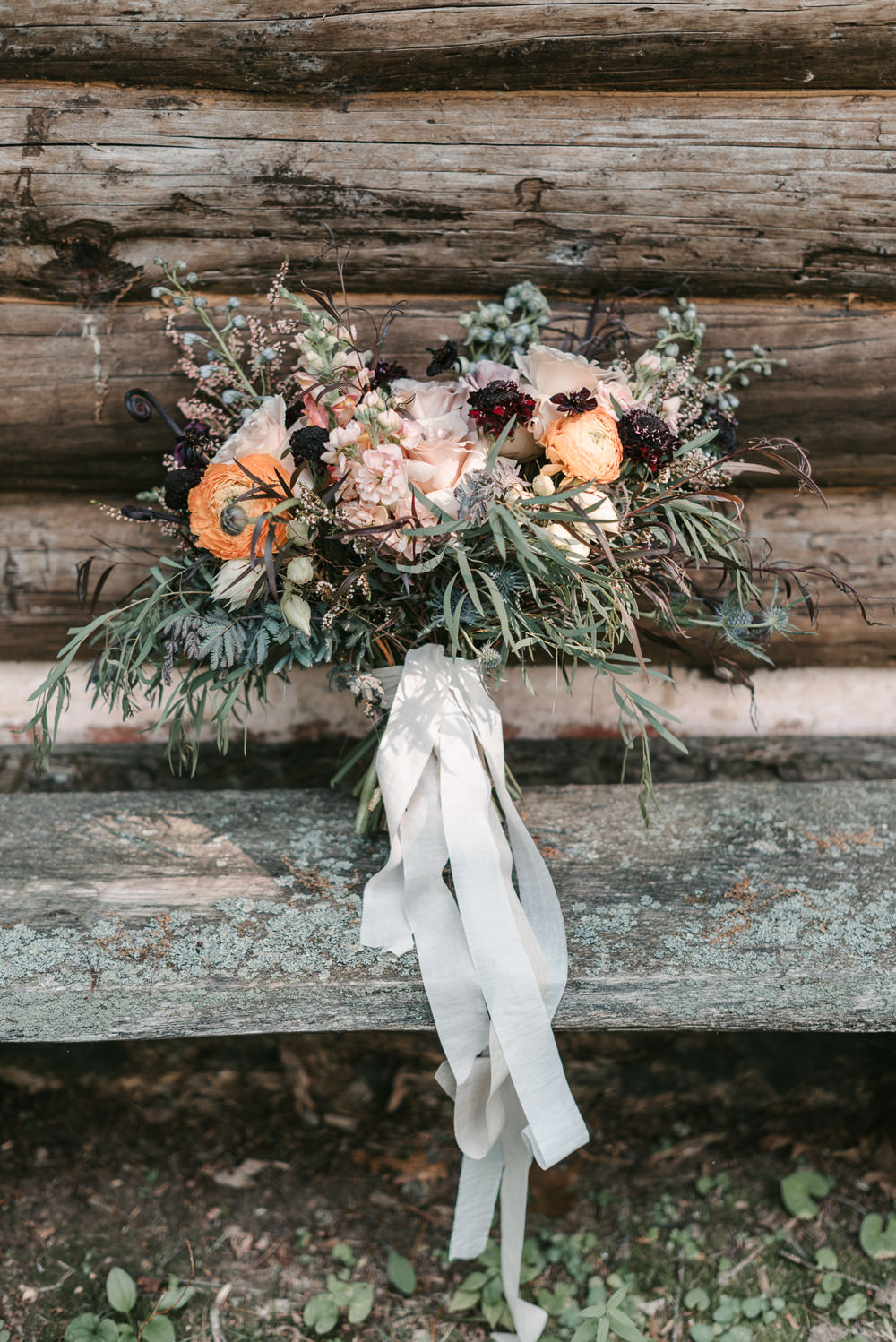 Bride Bridal Bouquet Flowers Ribbon Pink Orange Red Rose Ranunculus Fantasy Nerdy Wedding Eric Lundgren Photography