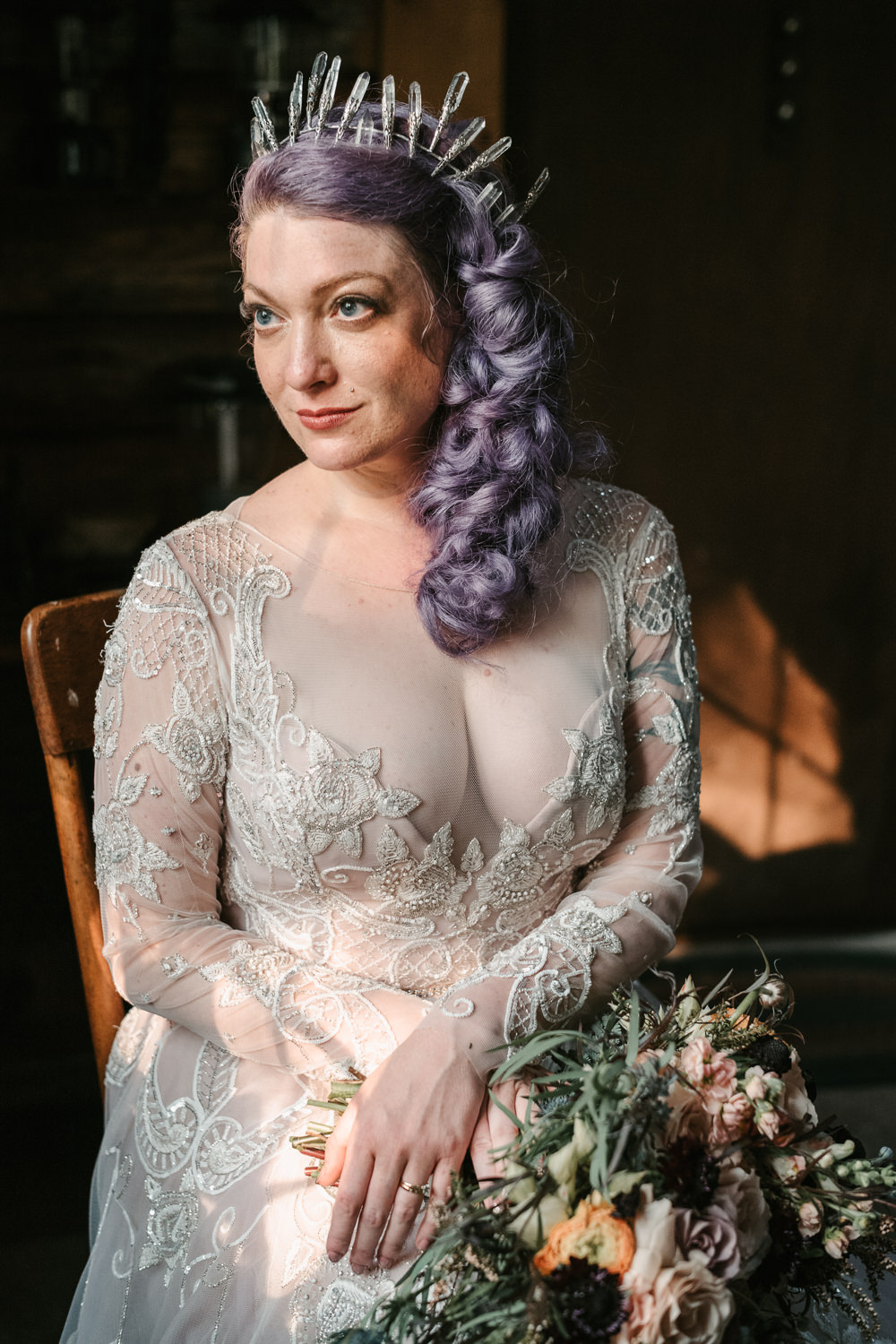 Bride Bridal Hair Long Lilac Purple Plait Braid Pony Tail Crown Tiara Fantasy Nerdy Wedding Eric Lundgren Photography