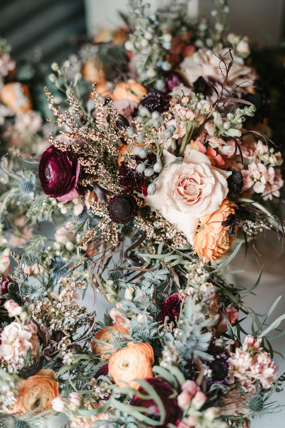 Bride Bridal Bouquet Flowers Ribbon Pink Orange Red Rose Ranunculus Fantasy Nerdy Wedding Eric Lundgren Photography