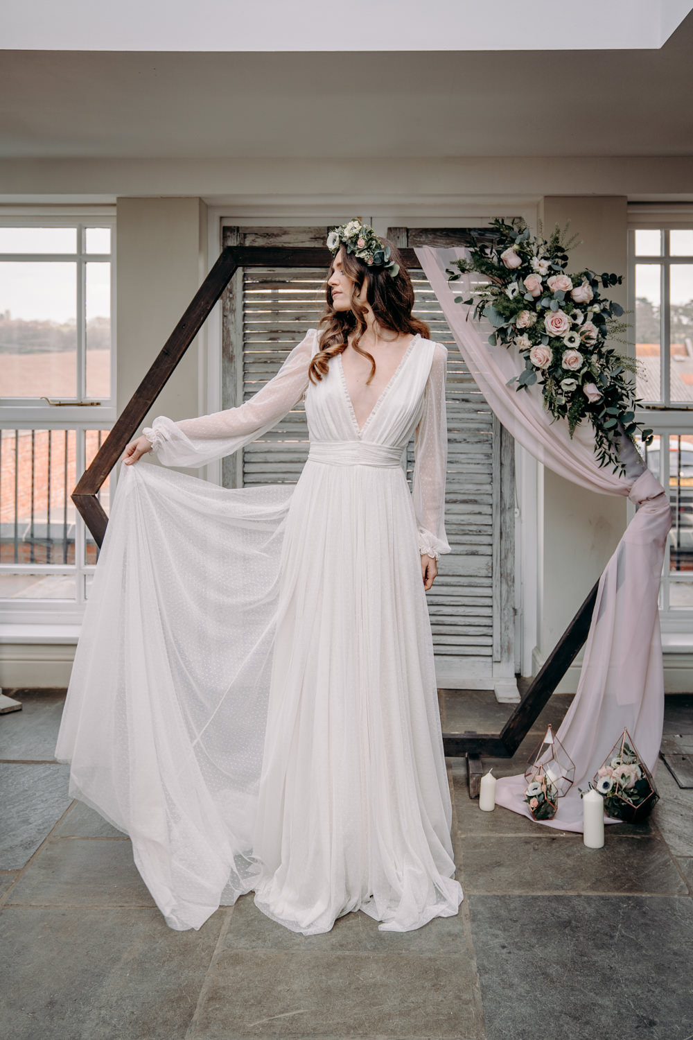 Hexagon Backdrop Flowers Installation Moongate Arch Bride Bridal Dress Gown Kula Tsurdiu Tulle Long Sleeves Train Free Spirited Wedding Ideas EKR Pictures