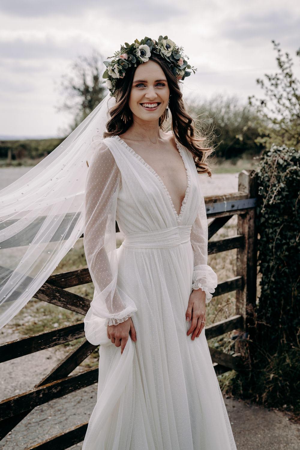 Bride Bridal Dress Gown Kula Tsurdiu Tulle Long Sleeves Train Veil Free Spirited Wedding Ideas EKR Pictures
