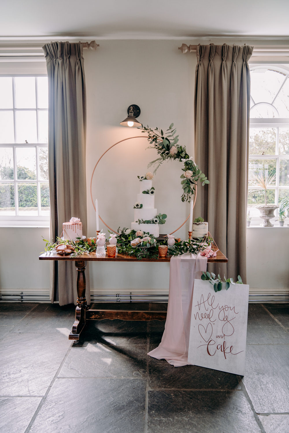 Cake Table Hoop Backdrop Greenery Foliage Flowers Decor Dessert Free Spirited Wedding Ideas EKR Pictures
