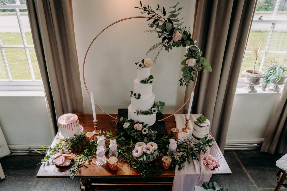 Cake Table Hoop Backdrop Greenery Foliage Flowers Decor Dessert Free Spirited Wedding Ideas EKR Pictures