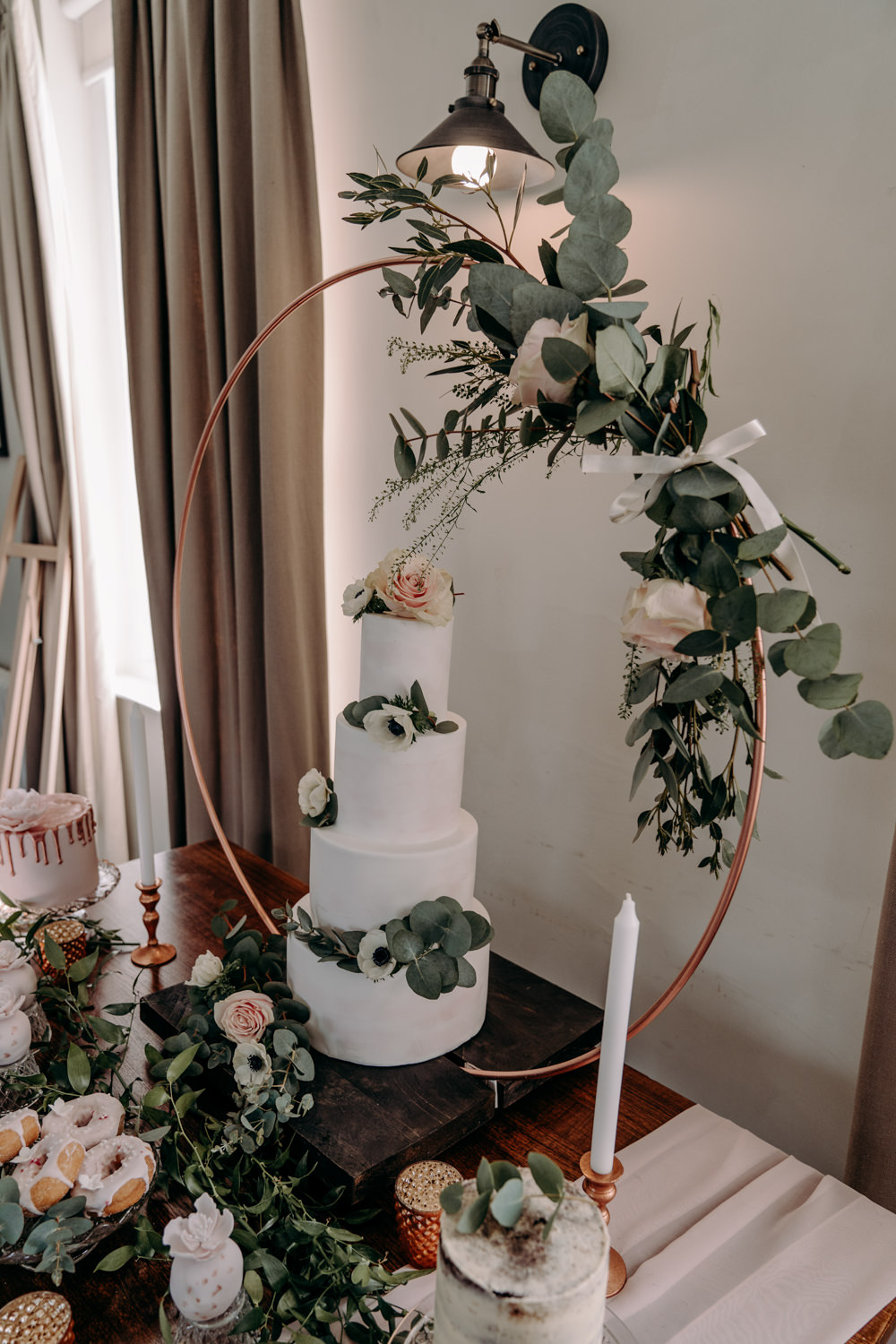 Cake Table Hoop Backdrop Greenery Foliage Flowers Decor Dessert Free Spirited Wedding Ideas EKR Pictures