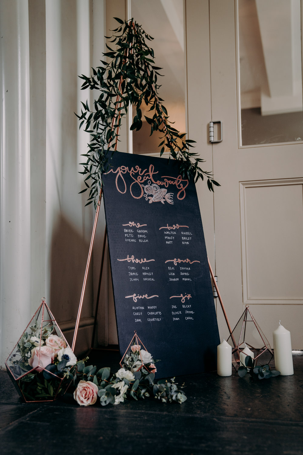 Copper Rose Gold Flowers Chalk Board Seating Plan Table Chart Free Spirited Wedding Ideas EKR Pictures