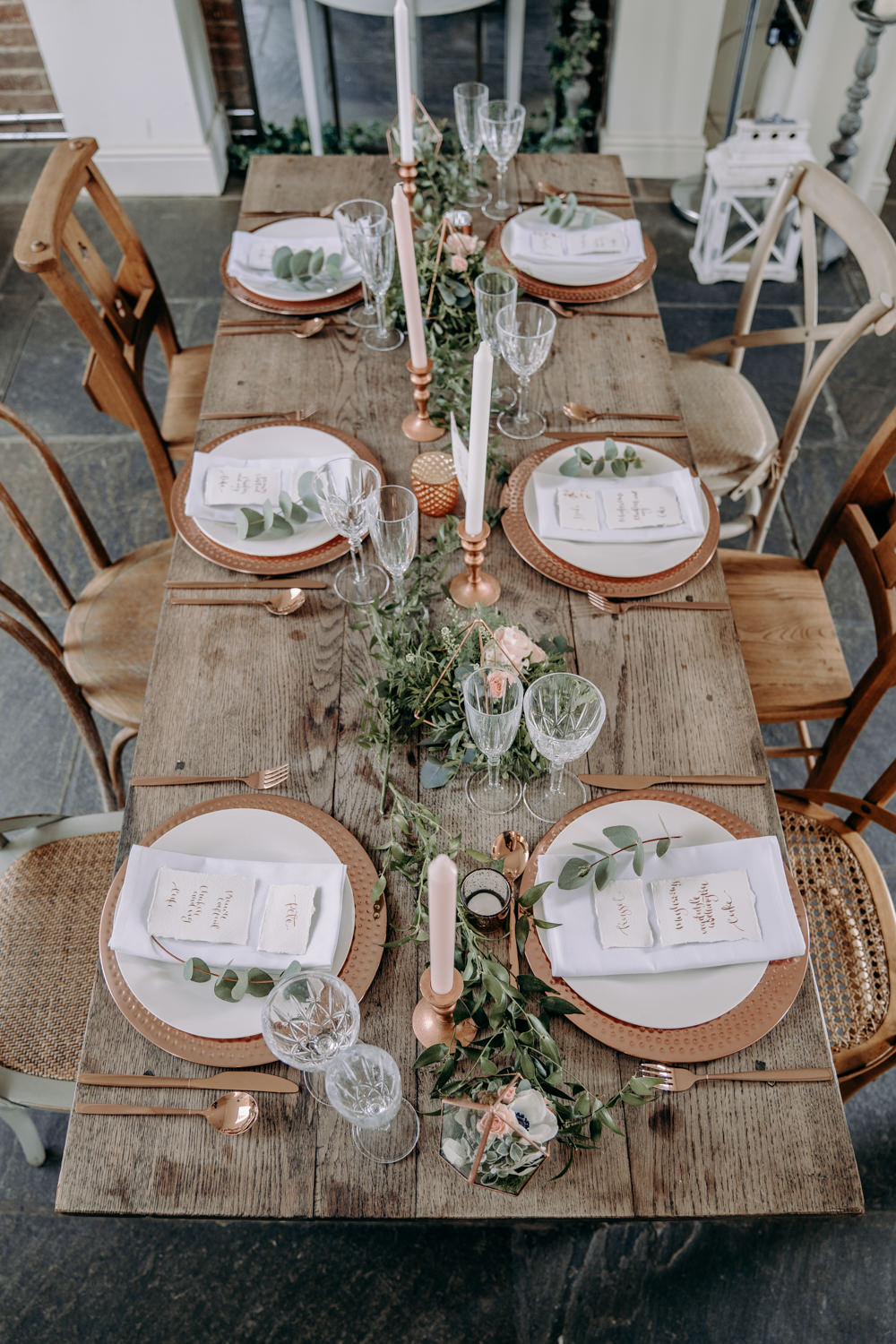 Wooden Rustic Table Tablescape Copper Pink Candles Flowers Runner Free Spirited Wedding Ideas EKR Pictures