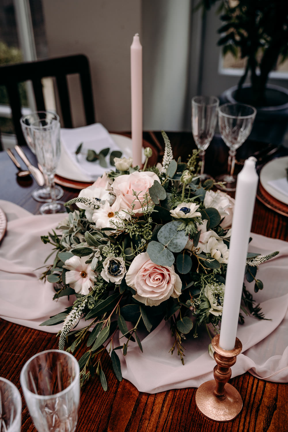 Wooden Rustic Table Tablescape Copper Pink Candles Flowers Runner Free Spirited Wedding Ideas EKR Pictures