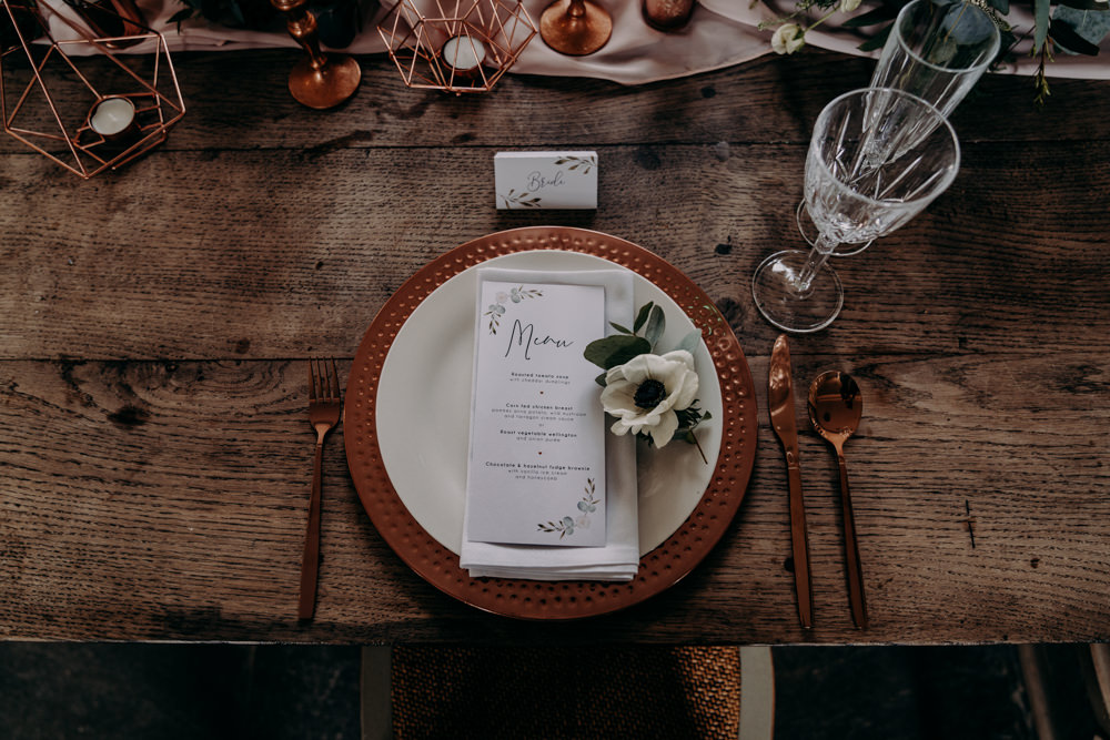 Place Setting Copper Name Tag Card Name Calligraphy Free Spirited Wedding Ideas EKR Pictures