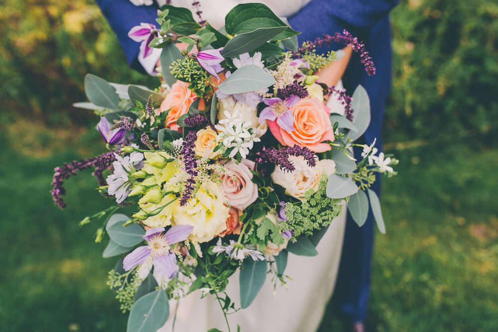 Bouquet Flowers Bride Bridal Peach Purple Rose High Billinghurst Farm Wedding Larissa Joice Photography