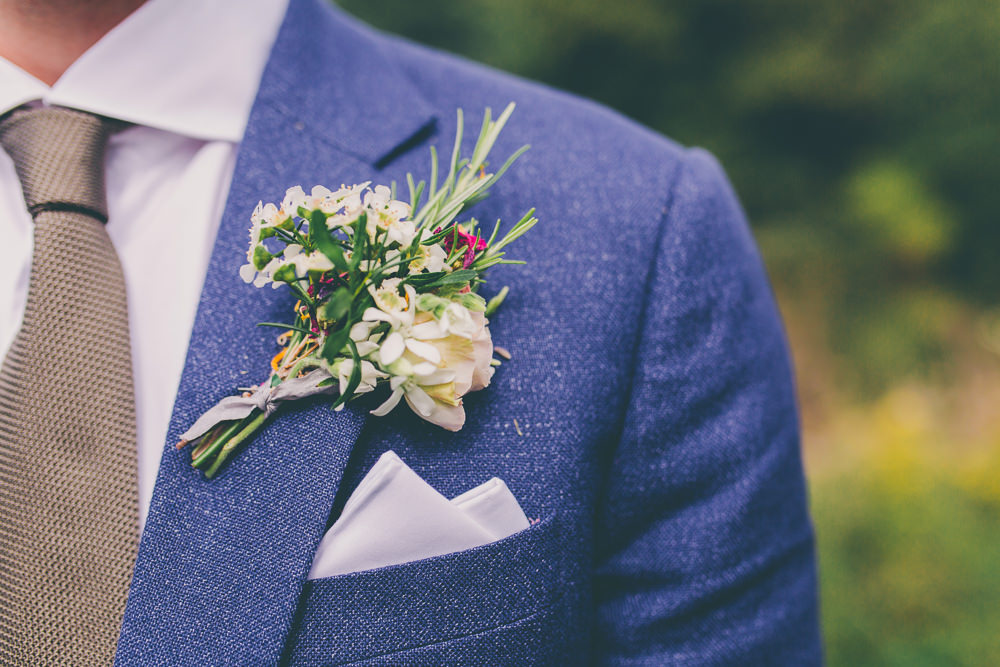 Buttonhole Flowers Groom Rosemary Ribbon High Billinghurst Farm Wedding Larissa Joice Photography