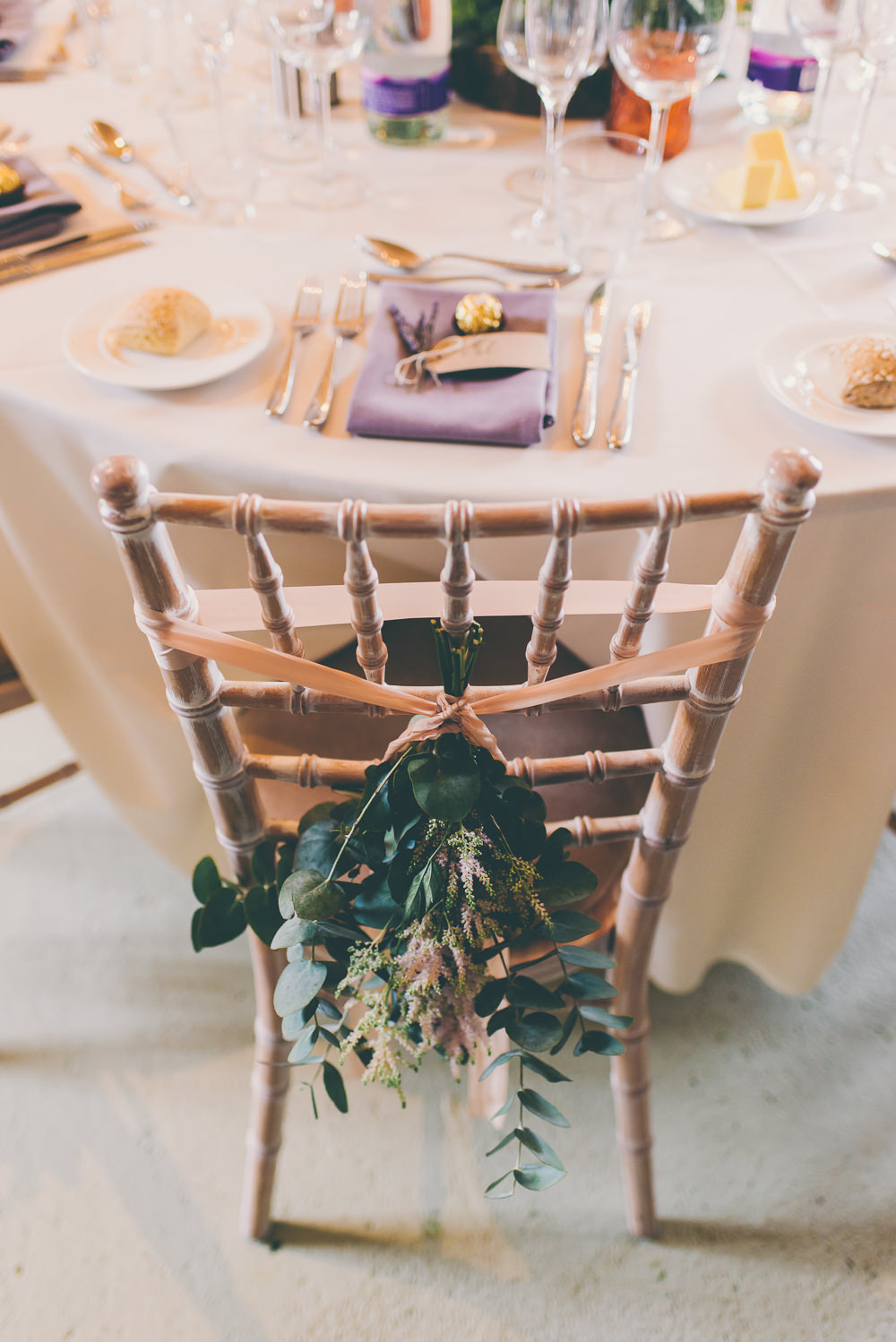 Chair Flowers Backs Greenery Foliage Ribbon High Billinghurst Farm Wedding Larissa Joice Photography