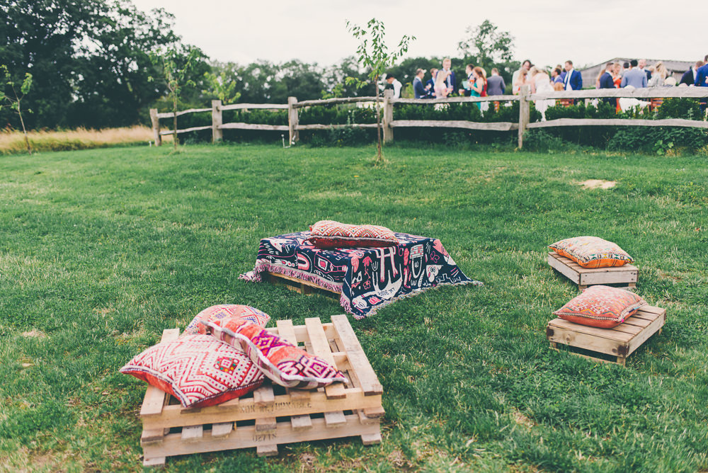 Wooden Pallet Seats Seating Area High Billinghurst Farm Wedding Larissa Joice Photography