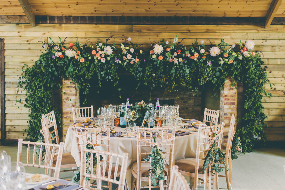 Fireplace Flowers Arrangement Floral Installation Greenery Foliage Peach Dahlia Rose Decor Decoration Backdrop High Billinghurst Farm Wedding Larissa Joice Photography
