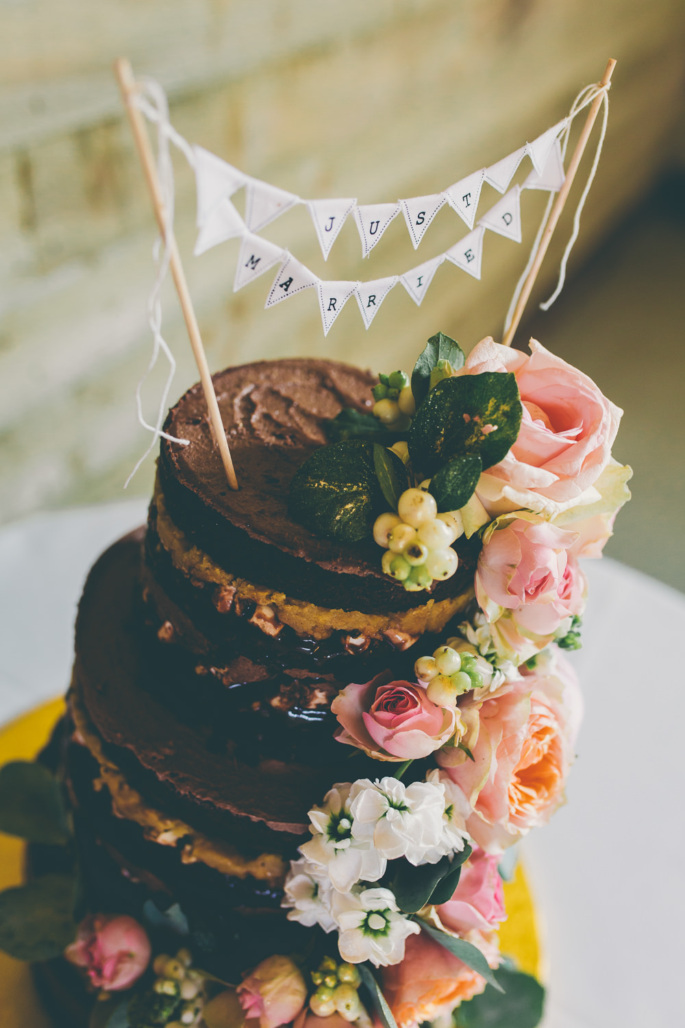 Naked Cake Chocolate Sponge Layer Flowers Floral Bunting Topper High Billinghurst Farm Wedding Larissa Joice Photography