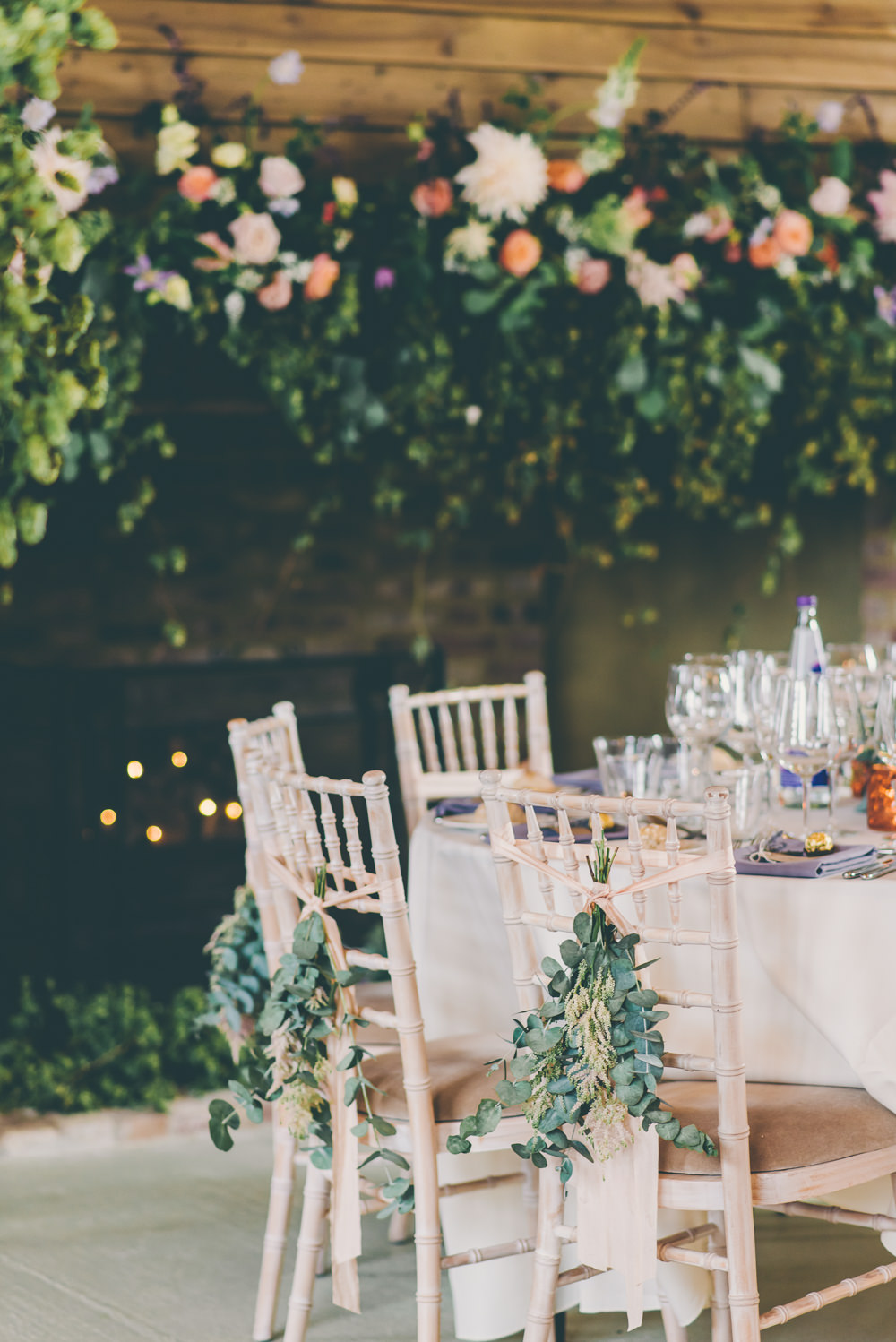 Chair Flowers Backs Greenery Foliage Ribbon High Billinghurst Farm Wedding Larissa Joice Photography
