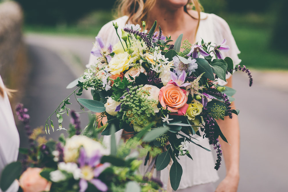 Bouquet Flowers Bride Bridal Peach Purple Rose High Billinghurst Farm Wedding Larissa Joice Photography