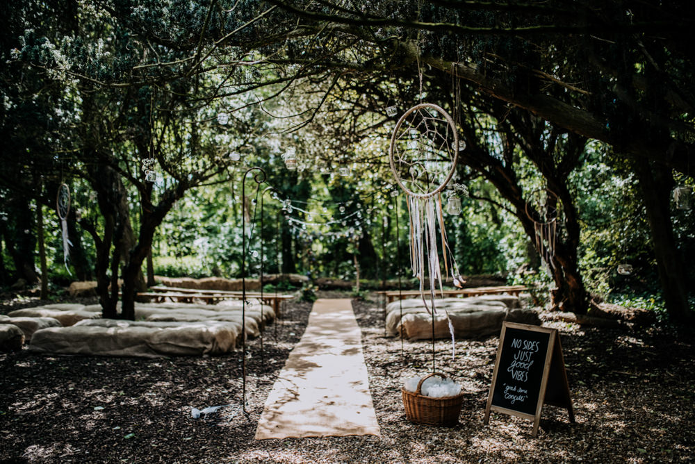 Woodland Ceremony Dreamcatchers Hay Bales Festoon Lights Aisle Hirst Priory Wedding Kazooieloki Photography
