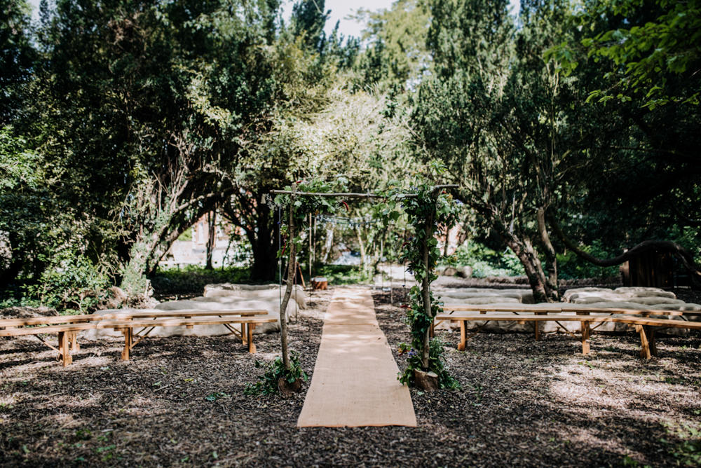 Woodland Ceremony Dreamcatchers Hay Bales Festoon Lights Aisle Hirst Priory Wedding Kazooieloki Photography