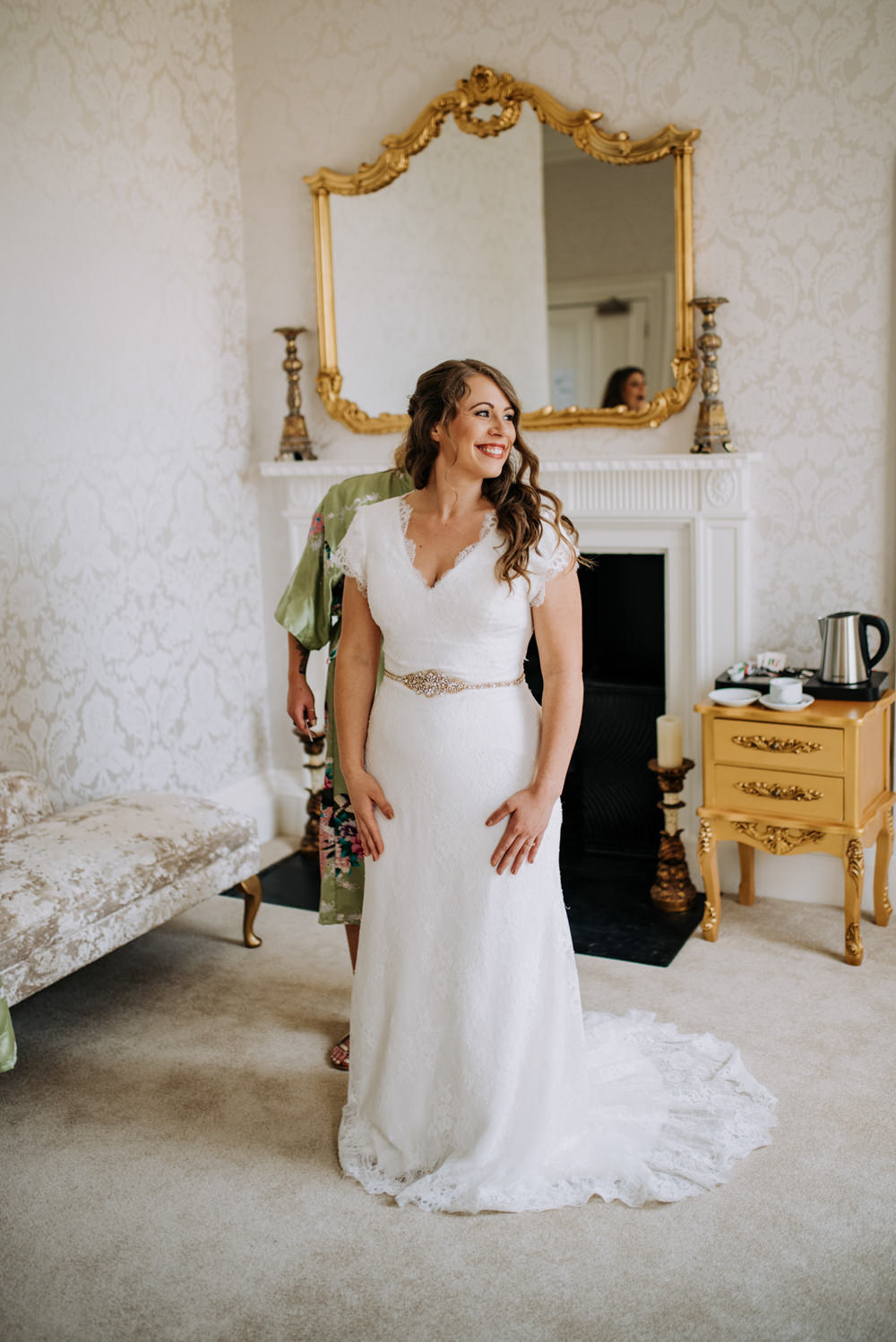 Bride Bridal Dress Gown Lace Train Belt Hirst Priory Wedding Kazooieloki Photography