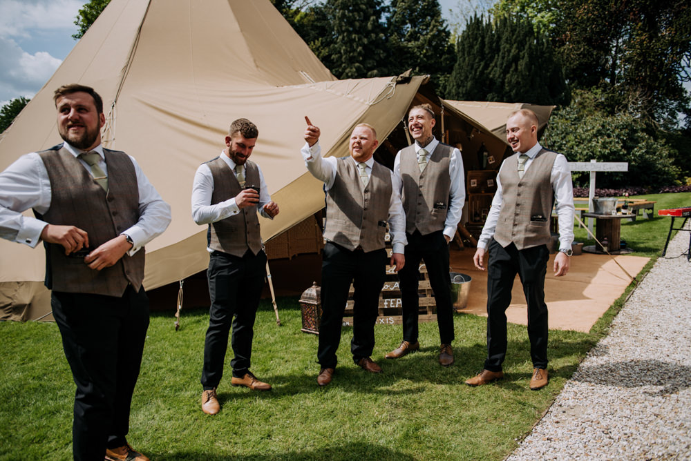 Groom Groomsmen Waistcoats Flat Cap Brown Tweed Suit Hirst Priory Wedding Kazooieloki Photography