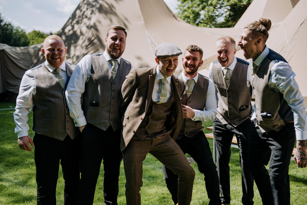 Groom Groomsmen Waistcoats Flat Cap Brown Tweed Suit Hirst Priory Wedding Kazooieloki Photography