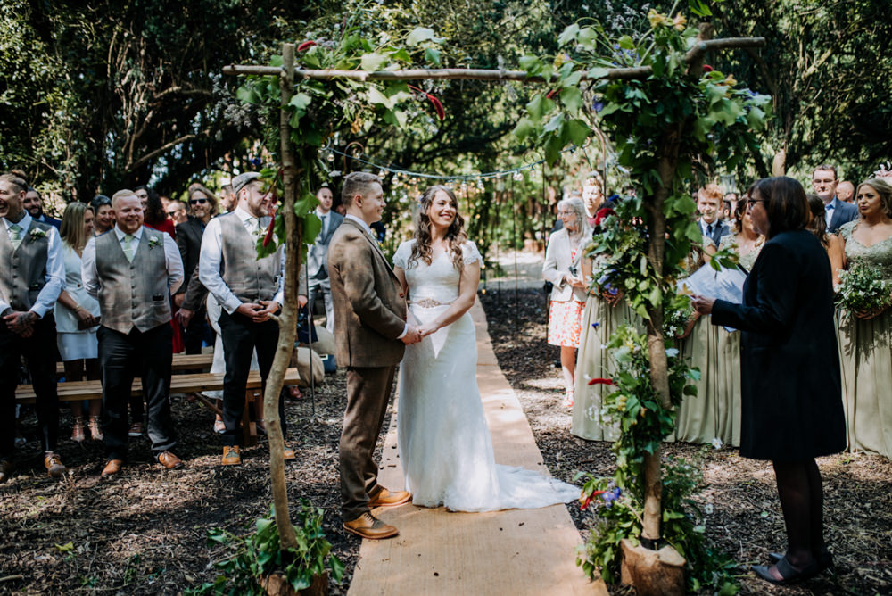 Woodland Ceremony Dreamcatchers Hay Bales Festoon Lights Aisle Hirst Priory Wedding Kazooieloki Photography