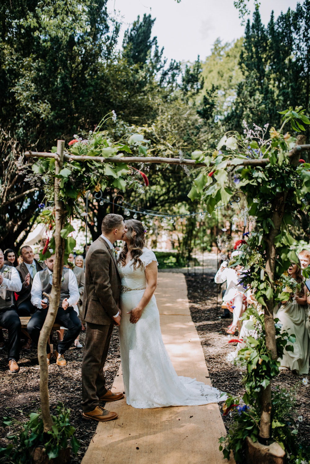 Woodland Ceremony Dreamcatchers Hay Bales Festoon Lights Aisle Hirst Priory Wedding Kazooieloki Photography