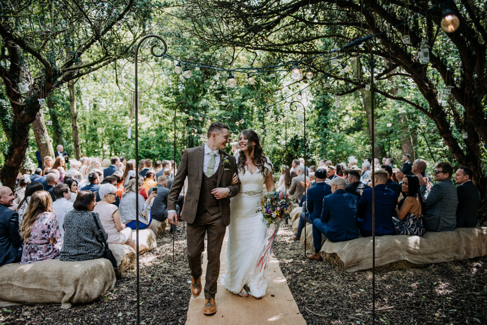 Woodland Ceremony Dreamcatchers Hay Bales Festoon Lights Aisle Hirst Priory Wedding Kazooieloki Photography