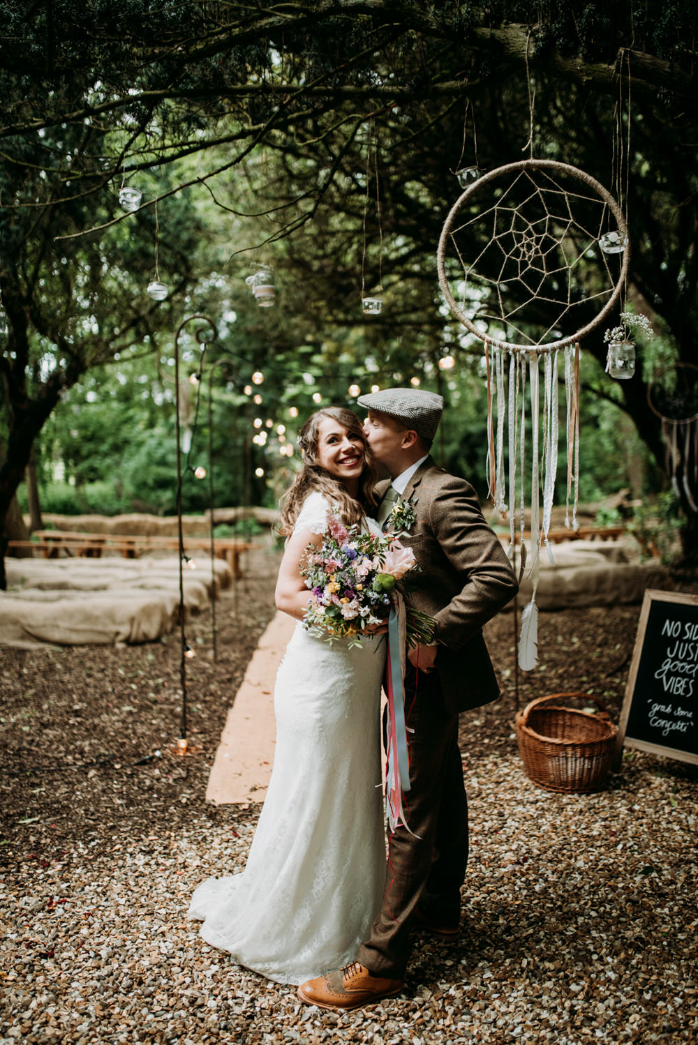 Woodland Ceremony Dreamcatchers Hay Bales Festoon Lights Aisle Hirst Priory Wedding Kazooieloki Photography